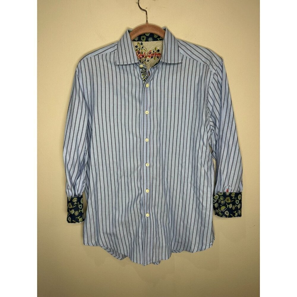 Robert Graham Flip Cuff Button Up Shirt Mens Size Medium Blue Stripe Work